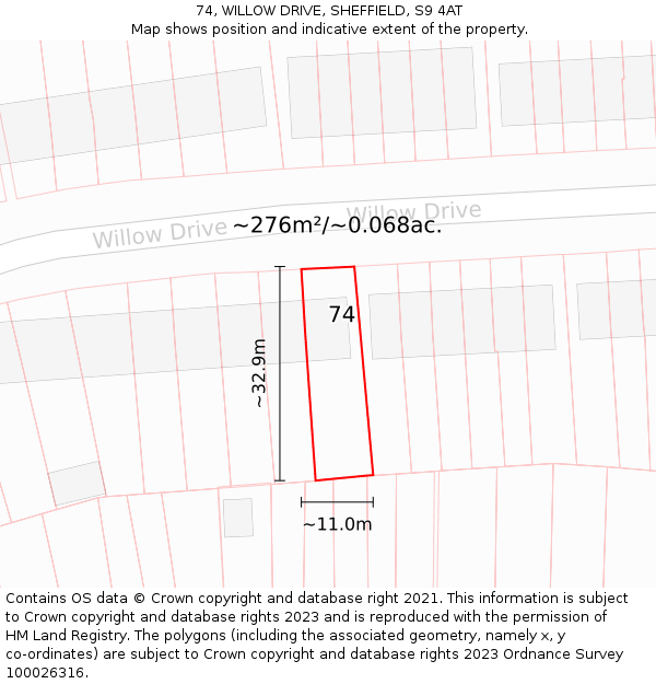 74, WILLOW DRIVE, SHEFFIELD, S9 4AT: Plot and title map