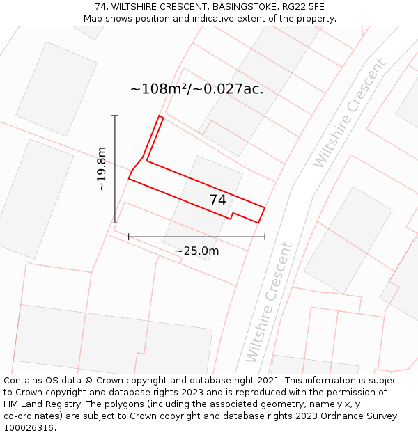74, WILTSHIRE CRESCENT, BASINGSTOKE, RG22 5FE: Plot and title map
