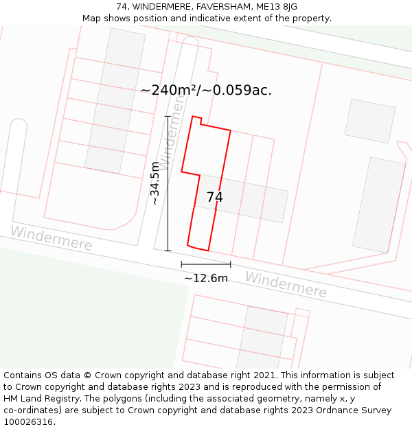 74, WINDERMERE, FAVERSHAM, ME13 8JG: Plot and title map
