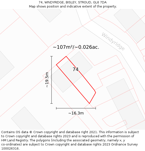74, WINDYRIDGE, BISLEY, STROUD, GL6 7DA: Plot and title map