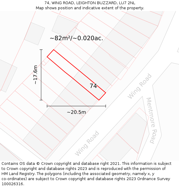 74, WING ROAD, LEIGHTON BUZZARD, LU7 2NL: Plot and title map