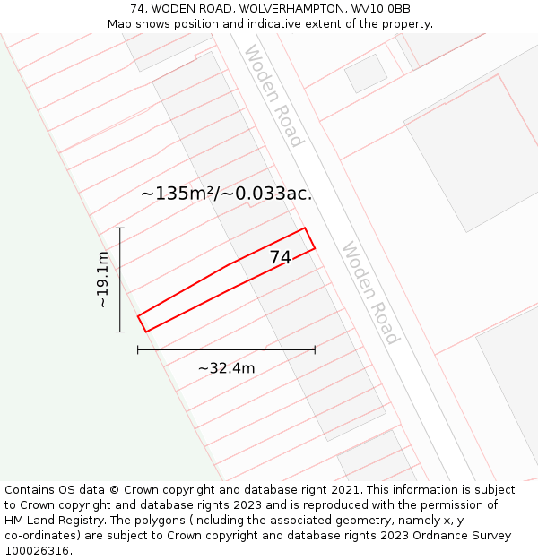 74, WODEN ROAD, WOLVERHAMPTON, WV10 0BB: Plot and title map