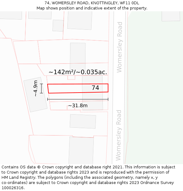 74, WOMERSLEY ROAD, KNOTTINGLEY, WF11 0DL: Plot and title map
