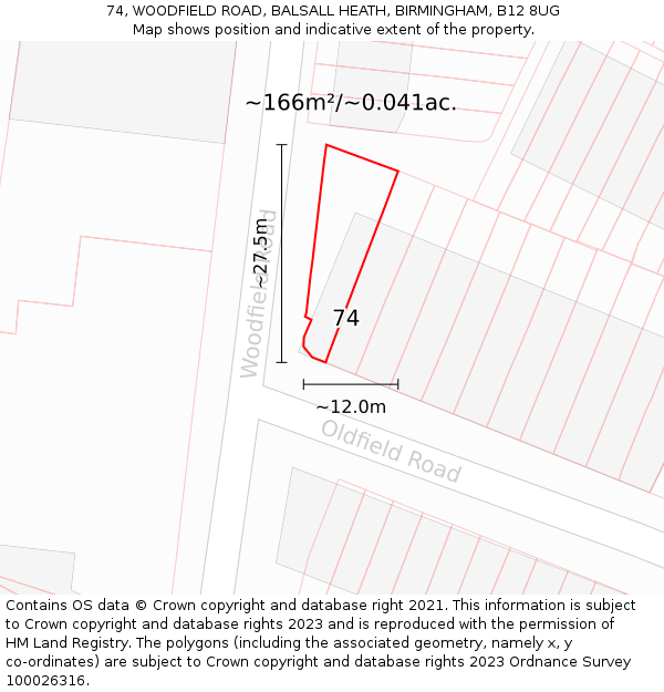 74, WOODFIELD ROAD, BALSALL HEATH, BIRMINGHAM, B12 8UG: Plot and title map