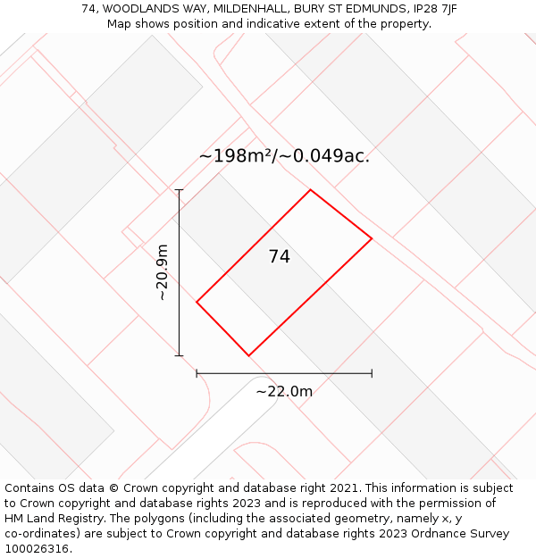 74, WOODLANDS WAY, MILDENHALL, BURY ST EDMUNDS, IP28 7JF: Plot and title map