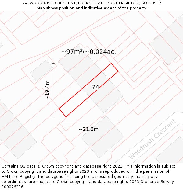 74, WOODRUSH CRESCENT, LOCKS HEATH, SOUTHAMPTON, SO31 6UP: Plot and title map