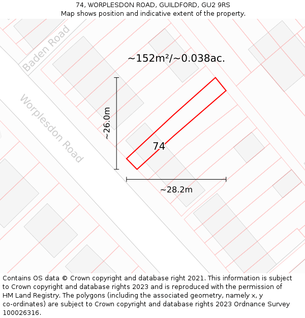 74, WORPLESDON ROAD, GUILDFORD, GU2 9RS: Plot and title map