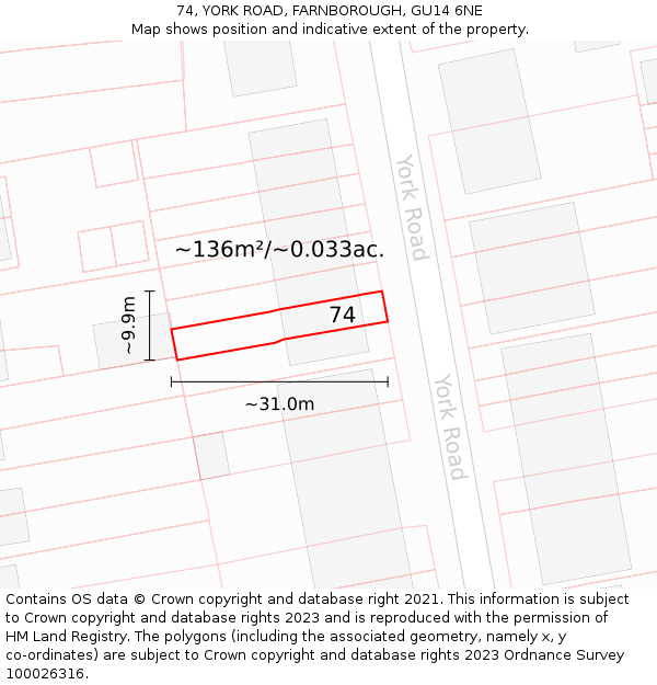 74, YORK ROAD, FARNBOROUGH, GU14 6NE: Plot and title map