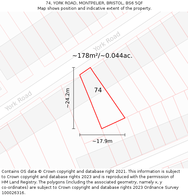74, YORK ROAD, MONTPELIER, BRISTOL, BS6 5QF: Plot and title map