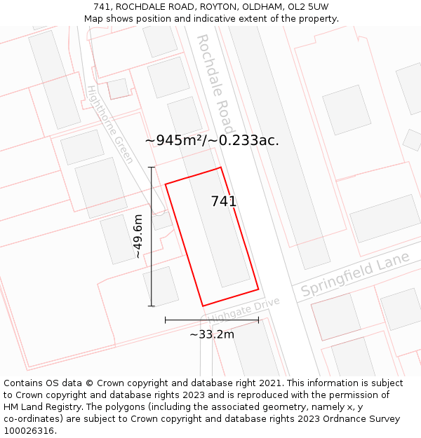 741, ROCHDALE ROAD, ROYTON, OLDHAM, OL2 5UW: Plot and title map