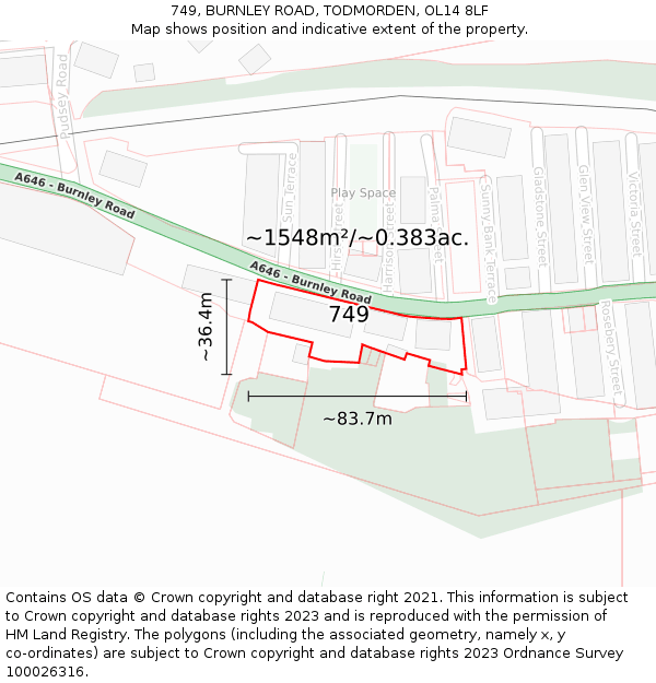 749, BURNLEY ROAD, TODMORDEN, OL14 8LF: Plot and title map