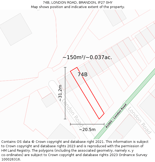 74B, LONDON ROAD, BRANDON, IP27 0HY: Plot and title map