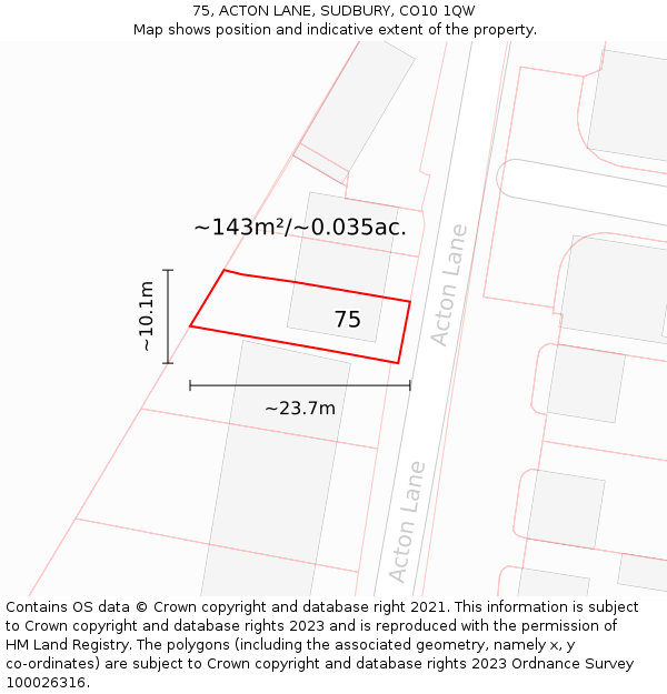 75, ACTON LANE, SUDBURY, CO10 1QW: Plot and title map