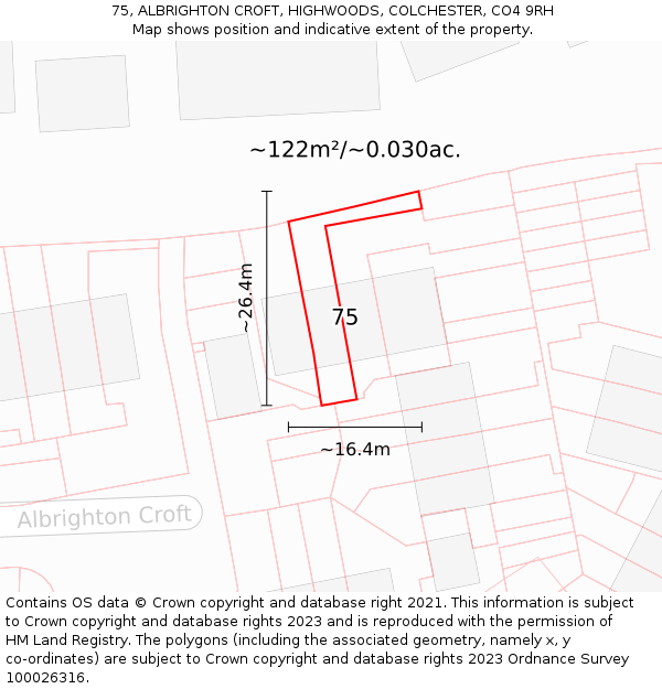 75, ALBRIGHTON CROFT, HIGHWOODS, COLCHESTER, CO4 9RH: Plot and title map