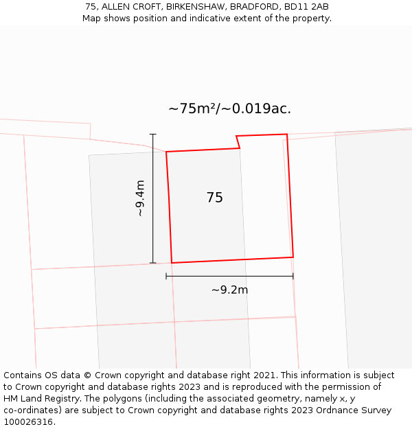 75, ALLEN CROFT, BIRKENSHAW, BRADFORD, BD11 2AB: Plot and title map