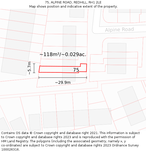 75, ALPINE ROAD, REDHILL, RH1 2LE: Plot and title map