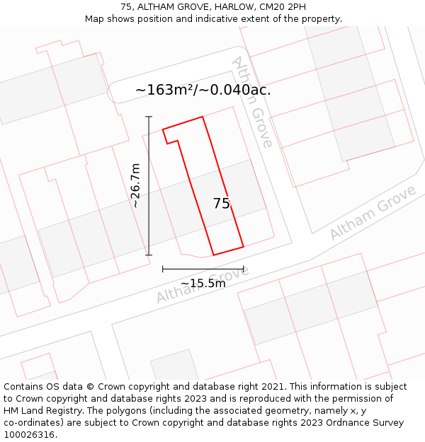 75, ALTHAM GROVE, HARLOW, CM20 2PH: Plot and title map