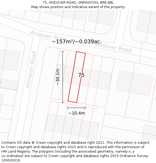 75, ANDOVER ROAD, ORPINGTON, BR6 8BL: Plot and title map