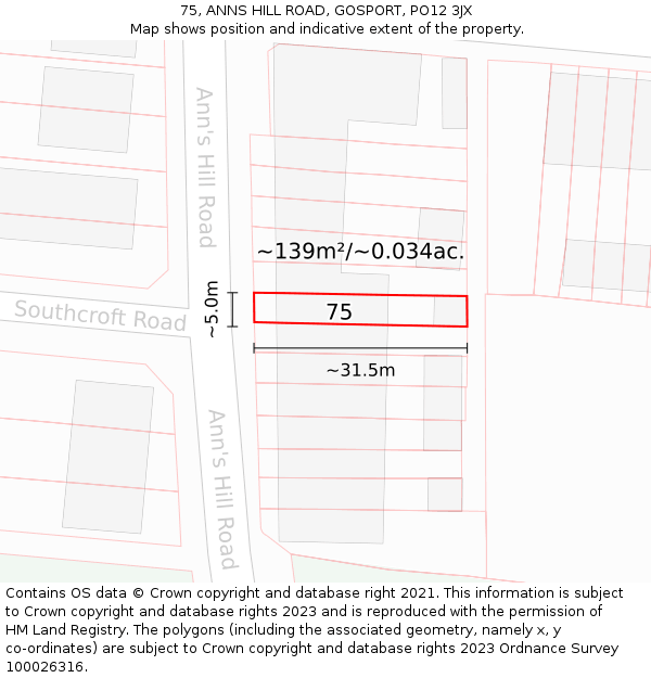 75, ANNS HILL ROAD, GOSPORT, PO12 3JX: Plot and title map