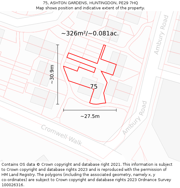75, ASHTON GARDENS, HUNTINGDON, PE29 7HQ: Plot and title map