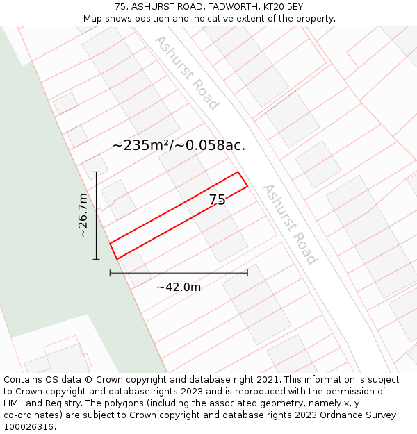 75, ASHURST ROAD, TADWORTH, KT20 5EY: Plot and title map