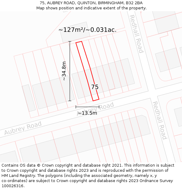75, AUBREY ROAD, QUINTON, BIRMINGHAM, B32 2BA: Plot and title map