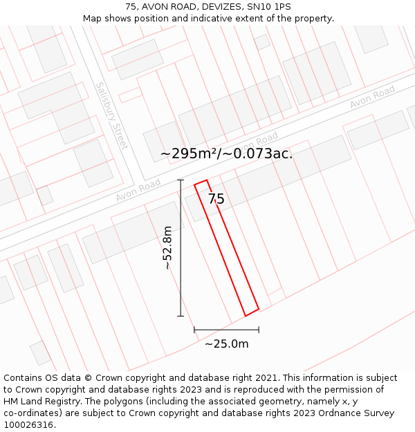 75, AVON ROAD, DEVIZES, SN10 1PS: Plot and title map
