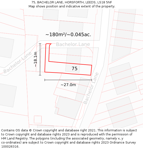 75, BACHELOR LANE, HORSFORTH, LEEDS, LS18 5NF: Plot and title map
