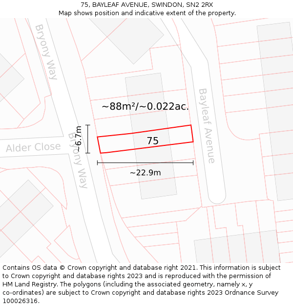 75, BAYLEAF AVENUE, SWINDON, SN2 2RX: Plot and title map