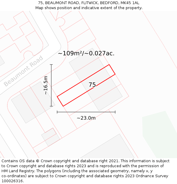 75, BEAUMONT ROAD, FLITWICK, BEDFORD, MK45 1AL: Plot and title map