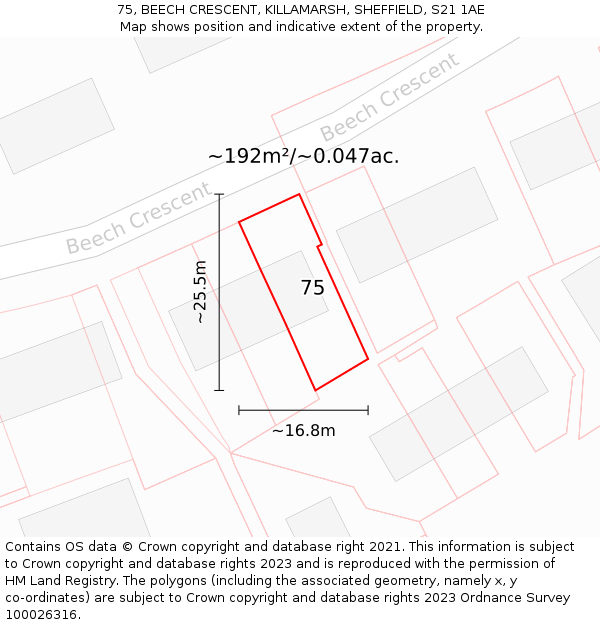 75, BEECH CRESCENT, KILLAMARSH, SHEFFIELD, S21 1AE: Plot and title map