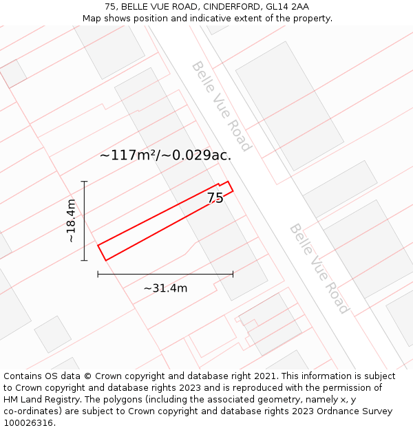 75, BELLE VUE ROAD, CINDERFORD, GL14 2AA: Plot and title map