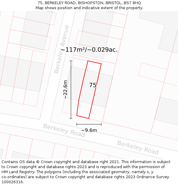 75, BERKELEY ROAD, BISHOPSTON, BRISTOL, BS7 8HQ: Plot and title map