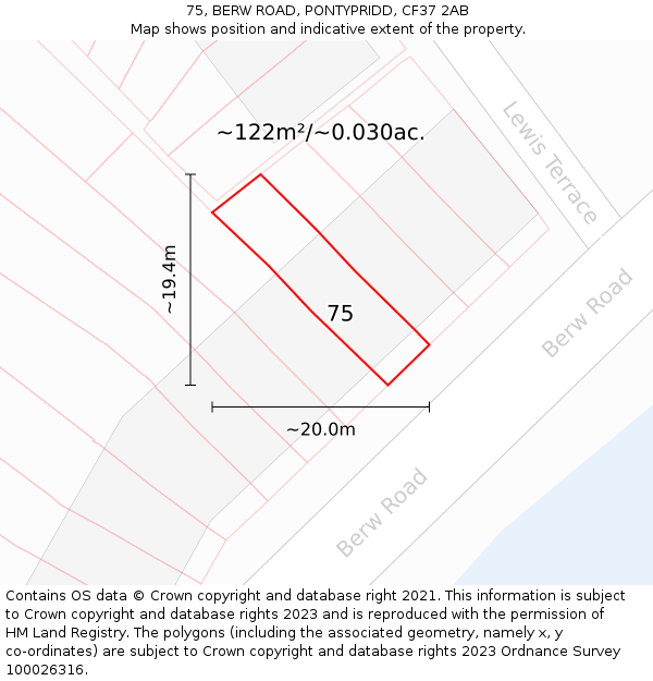 75, BERW ROAD, PONTYPRIDD, CF37 2AB: Plot and title map