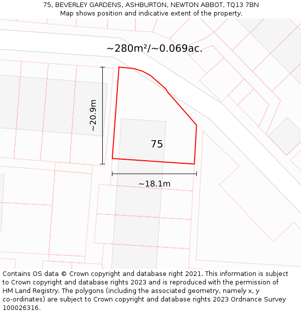 75, BEVERLEY GARDENS, ASHBURTON, NEWTON ABBOT, TQ13 7BN: Plot and title map