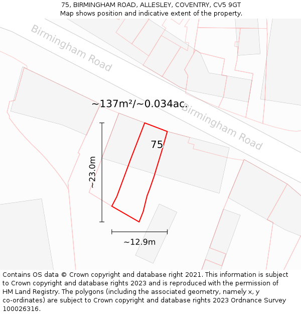 75, BIRMINGHAM ROAD, ALLESLEY, COVENTRY, CV5 9GT: Plot and title map