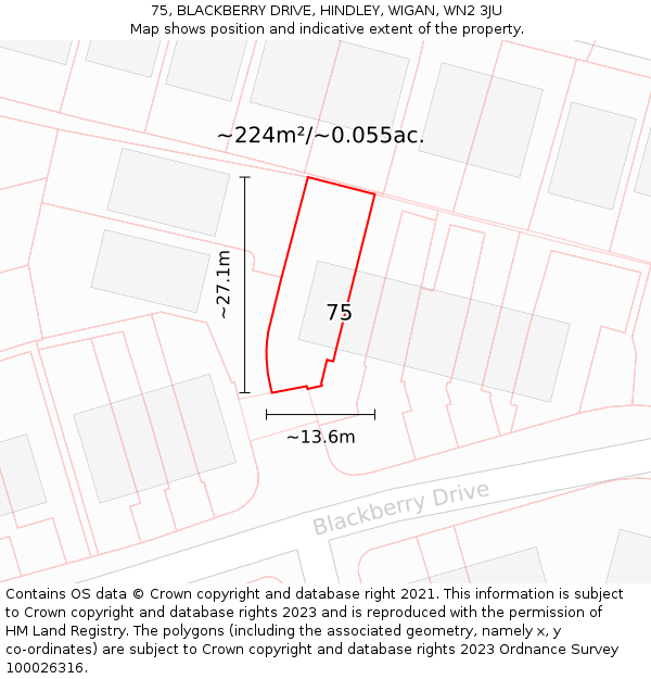 75, BLACKBERRY DRIVE, HINDLEY, WIGAN, WN2 3JU: Plot and title map