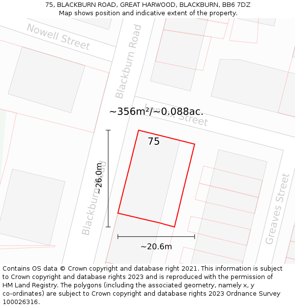 75, BLACKBURN ROAD, GREAT HARWOOD, BLACKBURN, BB6 7DZ: Plot and title map