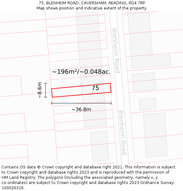 75, BLENHEIM ROAD, CAVERSHAM, READING, RG4 7RP: Plot and title map