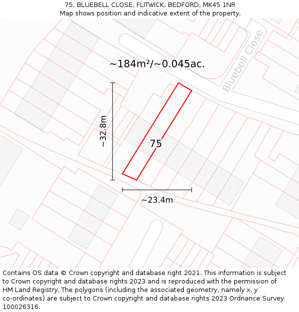 75, BLUEBELL CLOSE, FLITWICK, BEDFORD, MK45 1NR: Plot and title map