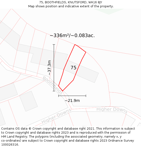 75, BOOTHFIELDS, KNUTSFORD, WA16 8JY: Plot and title map