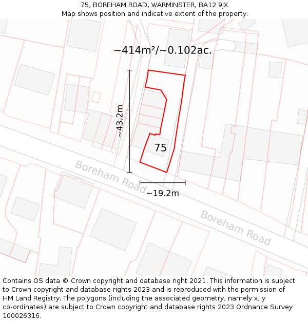 75, BOREHAM ROAD, WARMINSTER, BA12 9JX: Plot and title map