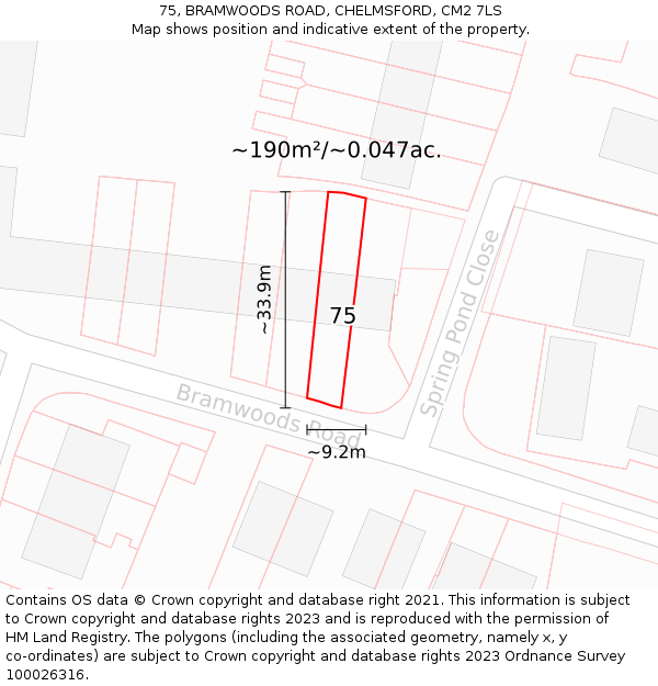 75, BRAMWOODS ROAD, CHELMSFORD, CM2 7LS: Plot and title map