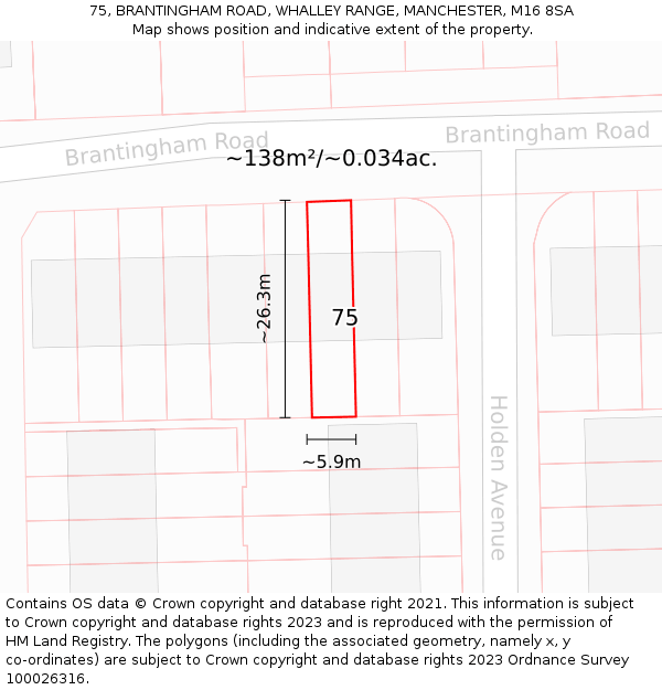 75, BRANTINGHAM ROAD, WHALLEY RANGE, MANCHESTER, M16 8SA: Plot and title map
