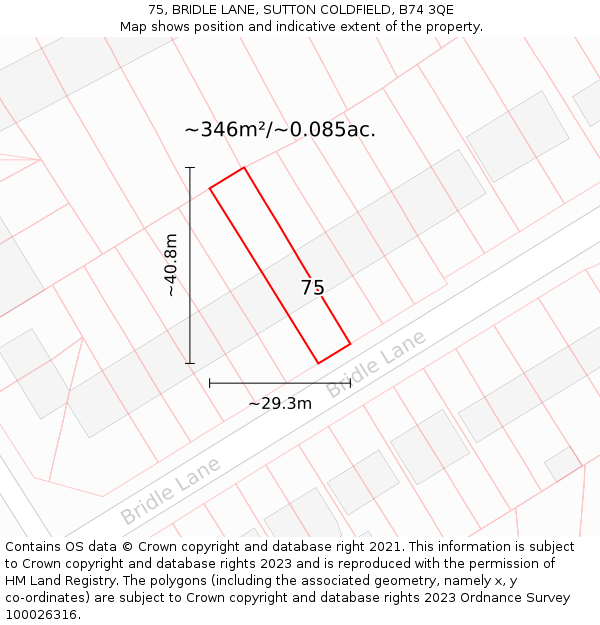 75, BRIDLE LANE, SUTTON COLDFIELD, B74 3QE: Plot and title map