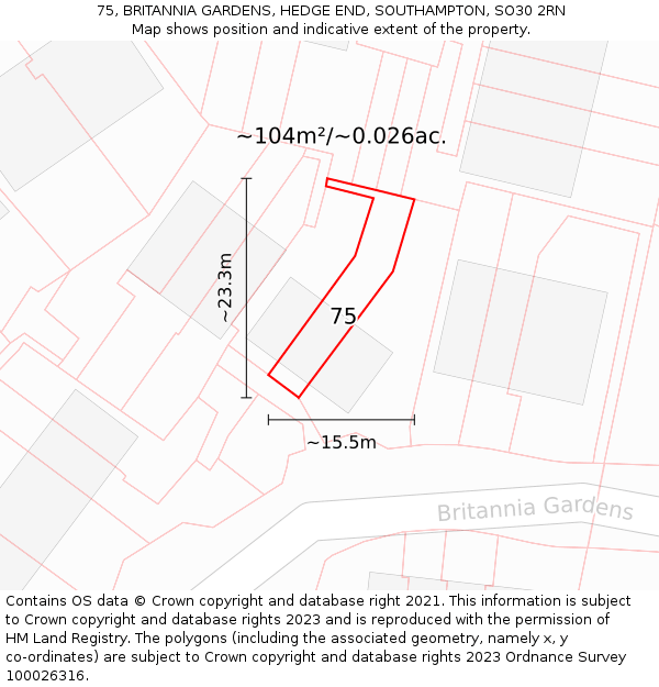 75, BRITANNIA GARDENS, HEDGE END, SOUTHAMPTON, SO30 2RN: Plot and title map