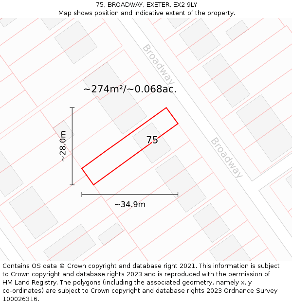 75, BROADWAY, EXETER, EX2 9LY: Plot and title map