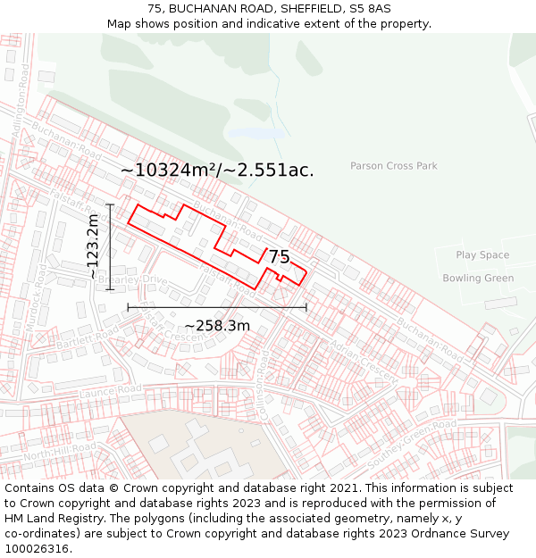 75, BUCHANAN ROAD, SHEFFIELD, S5 8AS: Plot and title map