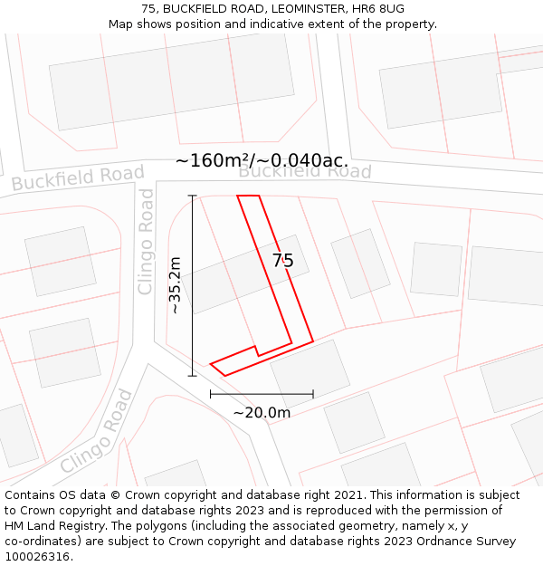 75, BUCKFIELD ROAD, LEOMINSTER, HR6 8UG: Plot and title map