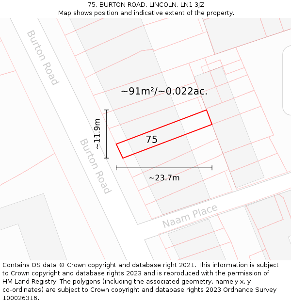 75, BURTON ROAD, LINCOLN, LN1 3JZ: Plot and title map